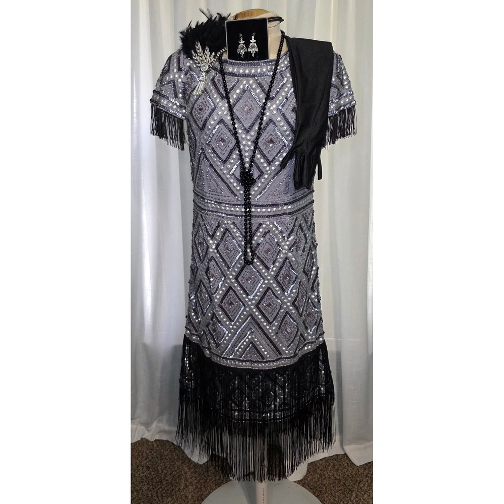 Adrianna Papell Grey Sequin Flapper Dress Set 1920s Gatsby Costume Size 12 - Picture 1 of 8